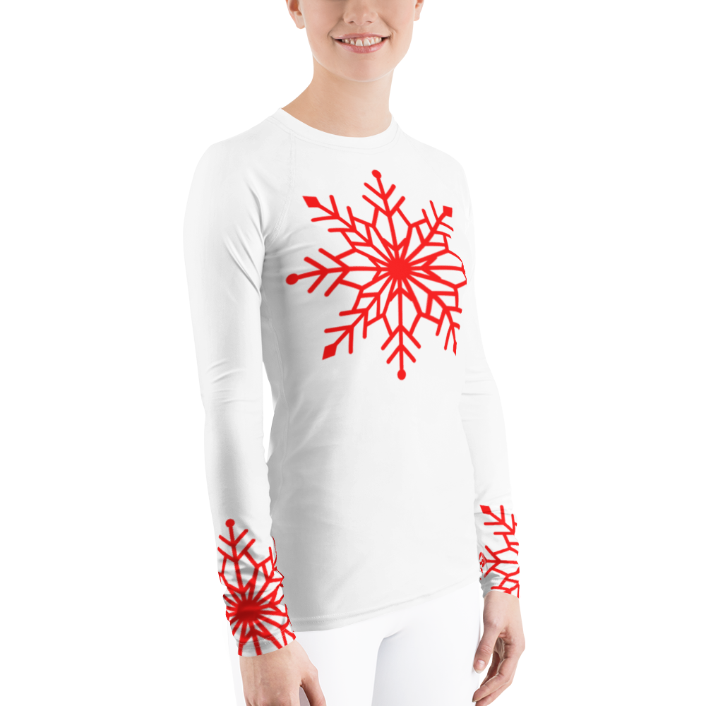 Winter Snowflake Top, Bright Red Snowflake on White Women's Rash Guard, Holiday Top