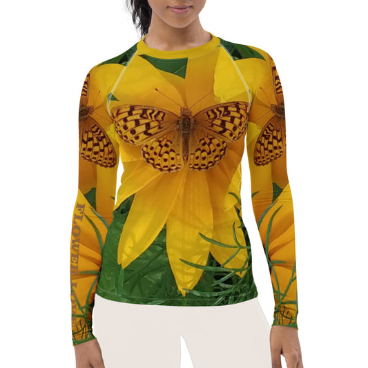 The FLOWER LOVE Collection - "Butterfly Beauty" Design Luxurious Women's Rash Guard, Sun Protective Clothing, Sports & Fitness Clothing