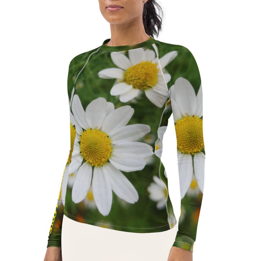 The FLOWER LOVE Collection - "Daisy Daydreams" Design Luxurious Women's Rash Guard, Sun Protective Clothing, Sports & Fitness Clothing
