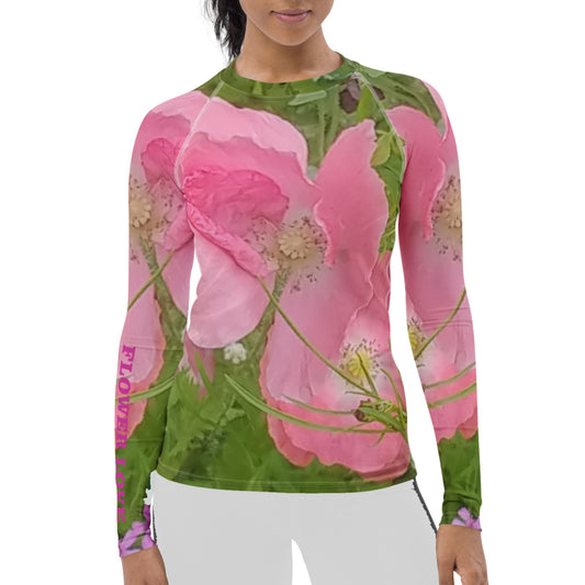The FLOWER LOVE Collection - "Pretty Pink Poppies" Design Luxurious Women's Rash Guard, Sun Protective Clothing, Sports & Fitness Clothing