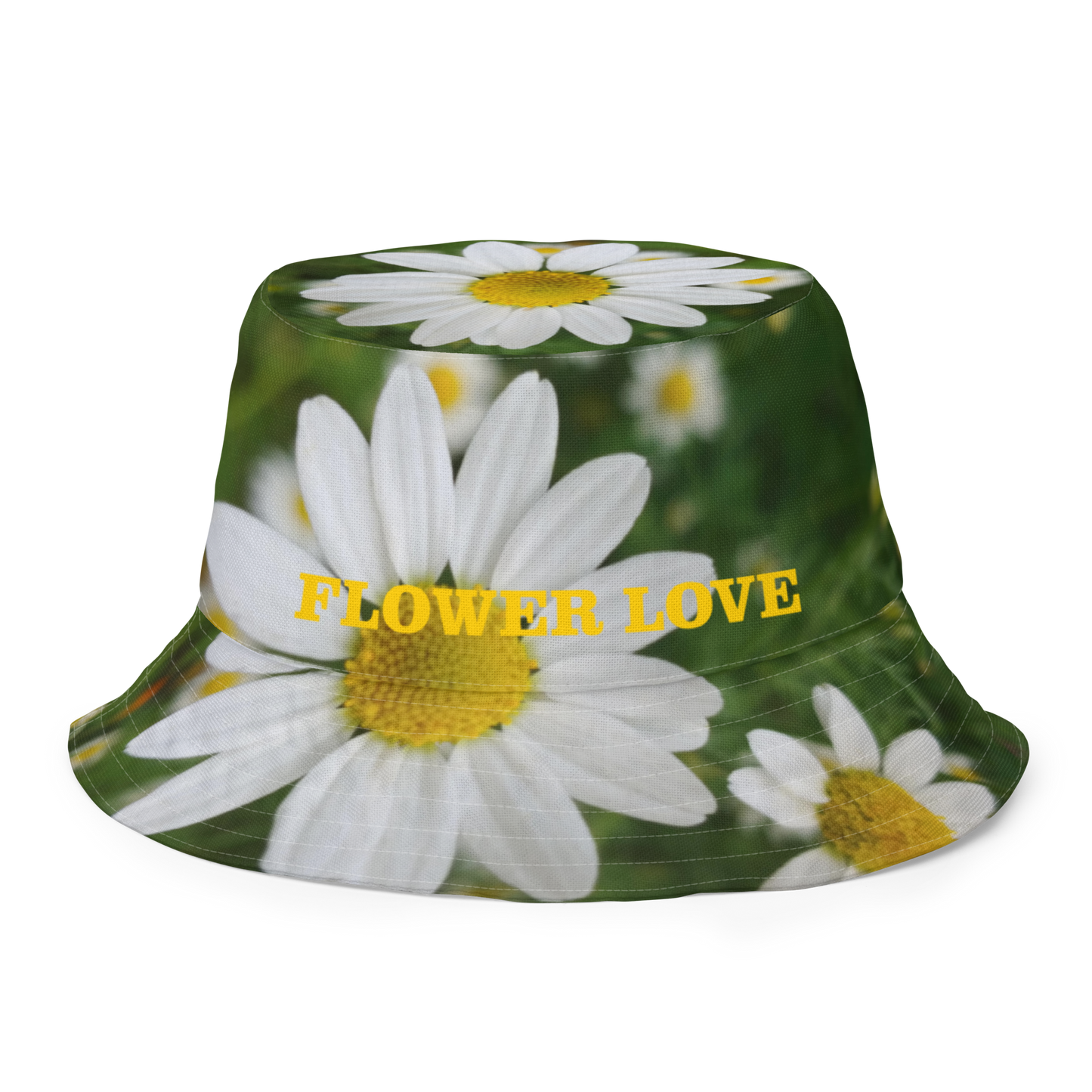 The FLOWER LOVE Collection - "Daisy Daydreams" Design Premium Reversible Bucket Hat - Dark Green Inside - Beach Hat, Gifts for Her