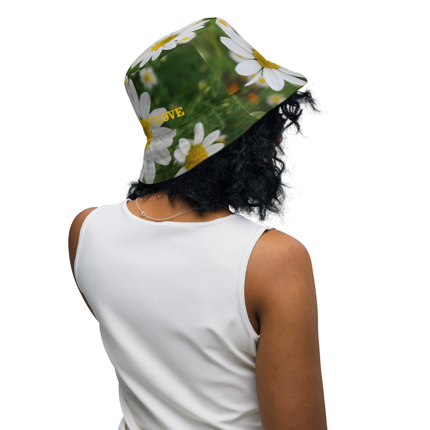 The FLOWER LOVE Collection - "Daisy Daydreams" Design Premium Reversible Bucket Hat - Dark Green Inside - Beach Hat, Gifts for Her