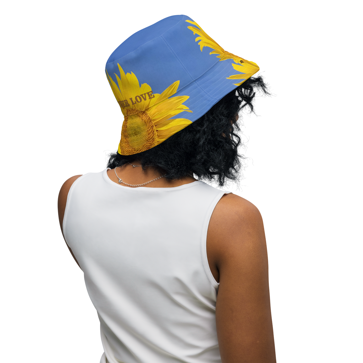 The FLOWER LOVE Collection - "Sunflower Sisters" Design Premium Reversible Bucket Hat - Blue Inside - Beach Hat, Gifts for Her