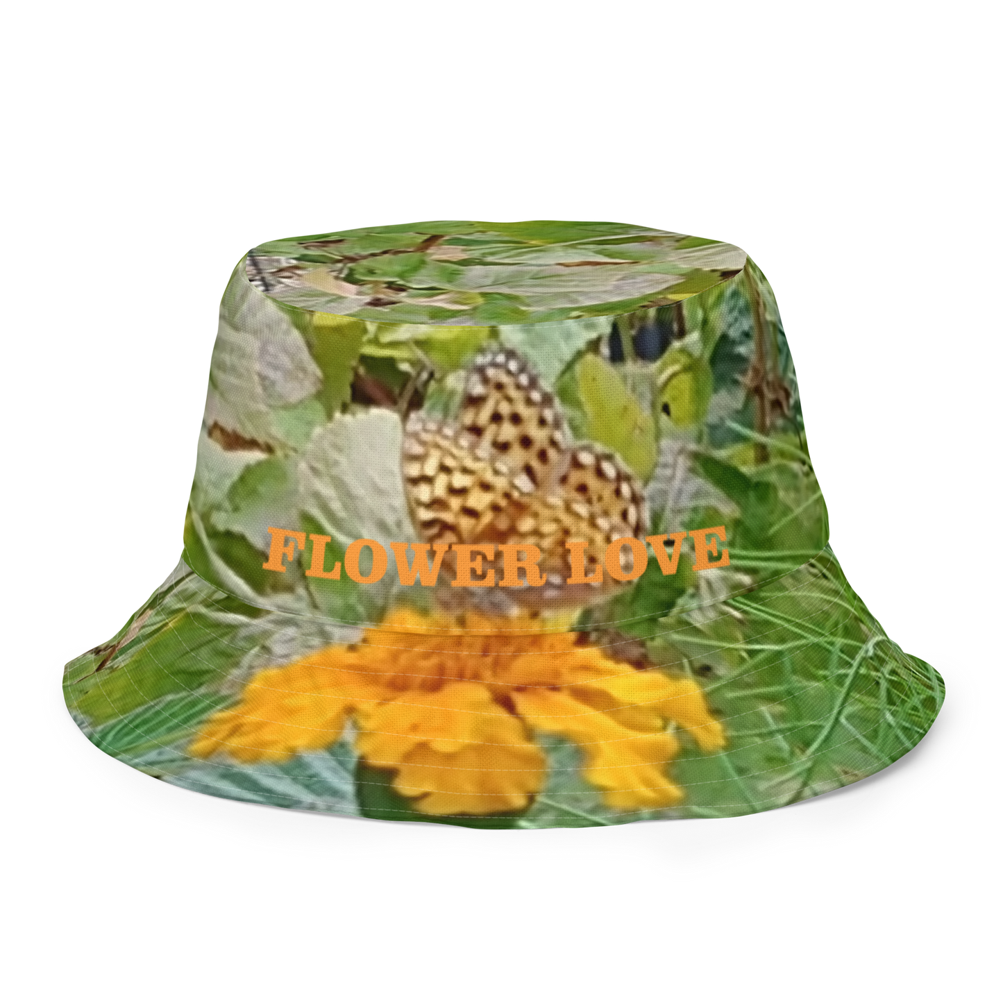 The FLOWER LOVE Collection - "Butterfly on a Bloom" Design Premium Reversible Bucket Hat - Green Inside - Beach Hat, Gifts for Her