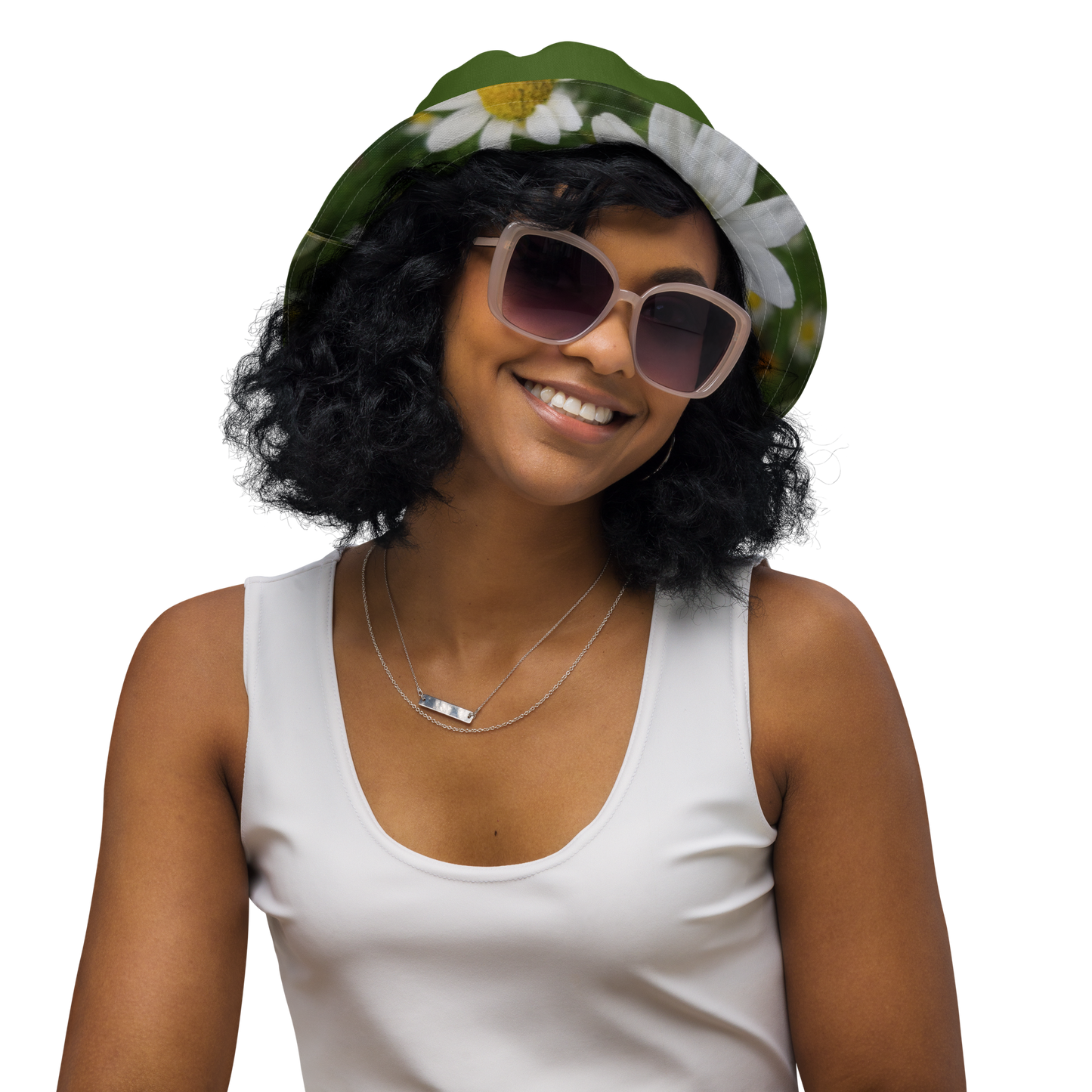 The FLOWER LOVE Collection - "Daisy Daydreams" Design Premium Reversible Bucket Hat - Dark Green Inside - Beach Hat, Gifts for Her