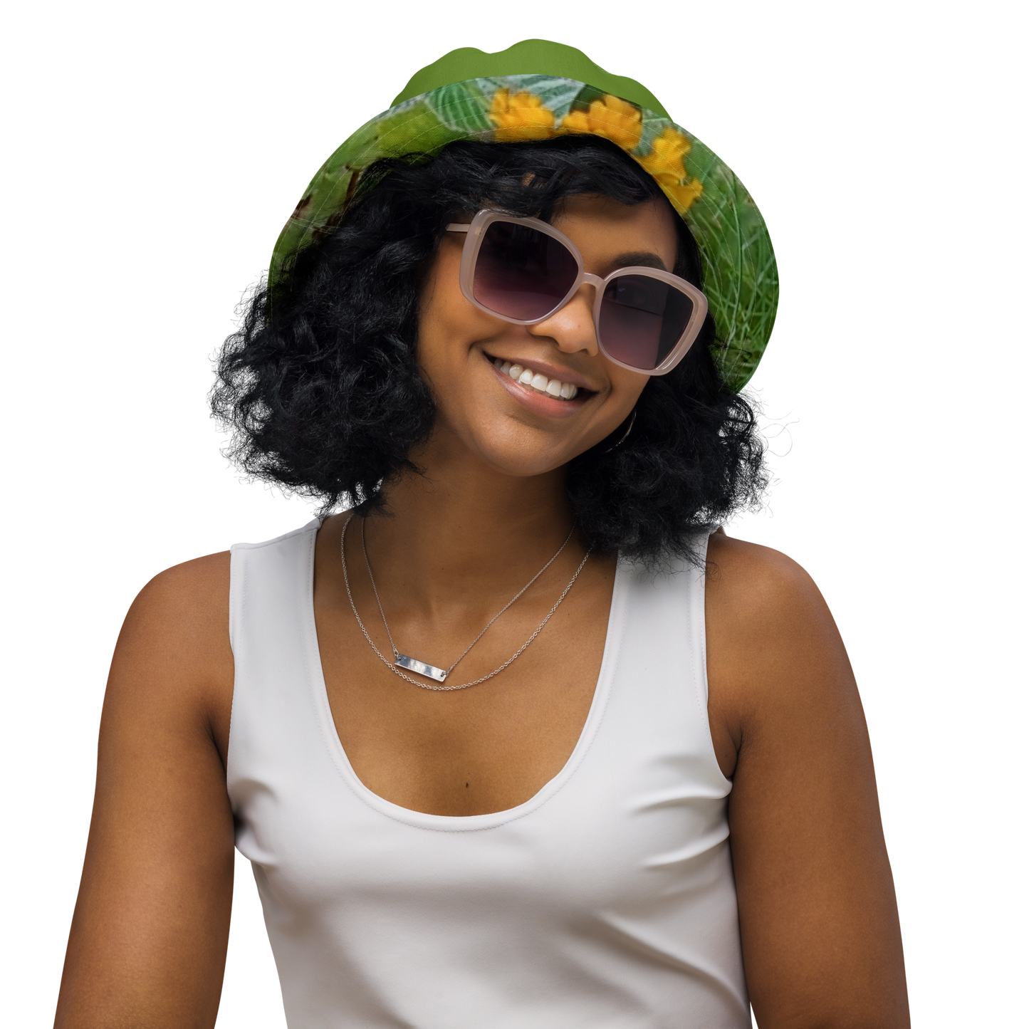 The FLOWER LOVE Collection - "Butterfly on a Bloom" Design Premium Reversible Bucket Hat - Green Inside - Beach Hat, Gifts for Her