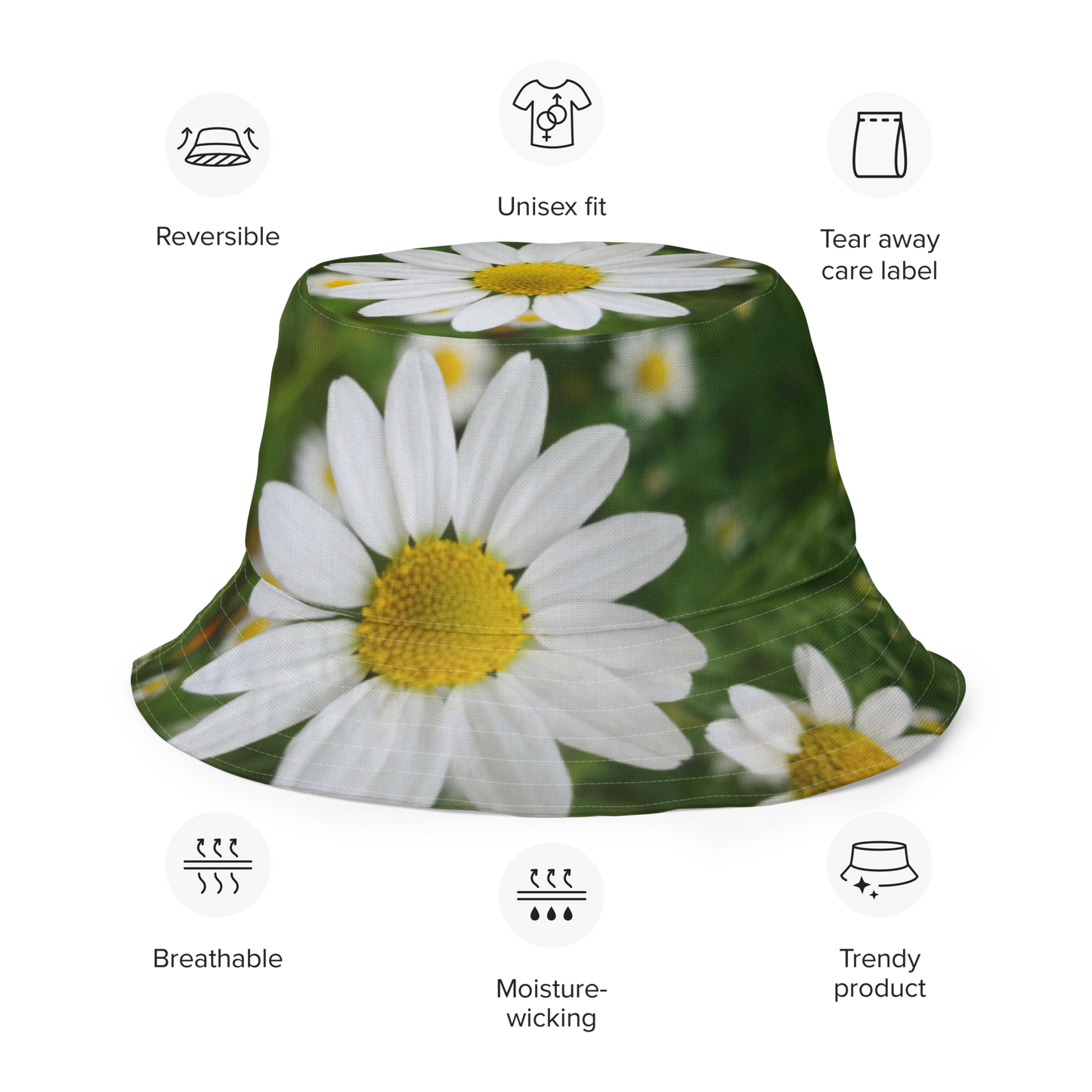 The FLOWER LOVE Collection - "Daisy Daydreams" Design Premium Reversible Bucket Hat - Dark Green Inside - Beach Hat, Gifts for Her