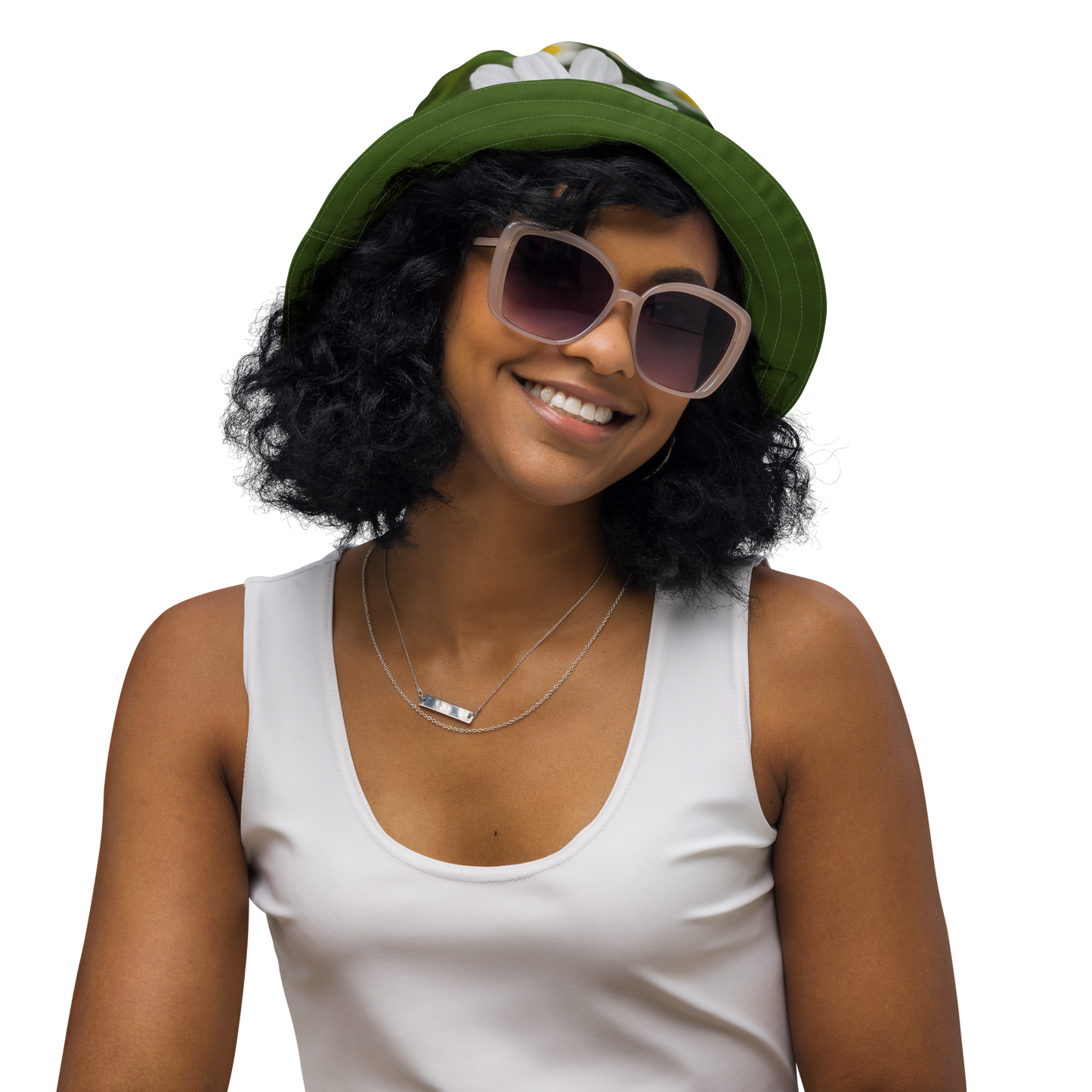 The FLOWER LOVE Collection - "Daisy Daydreams" Design Premium Reversible Bucket Hat - Dark Green Inside - Beach Hat, Gifts for Her