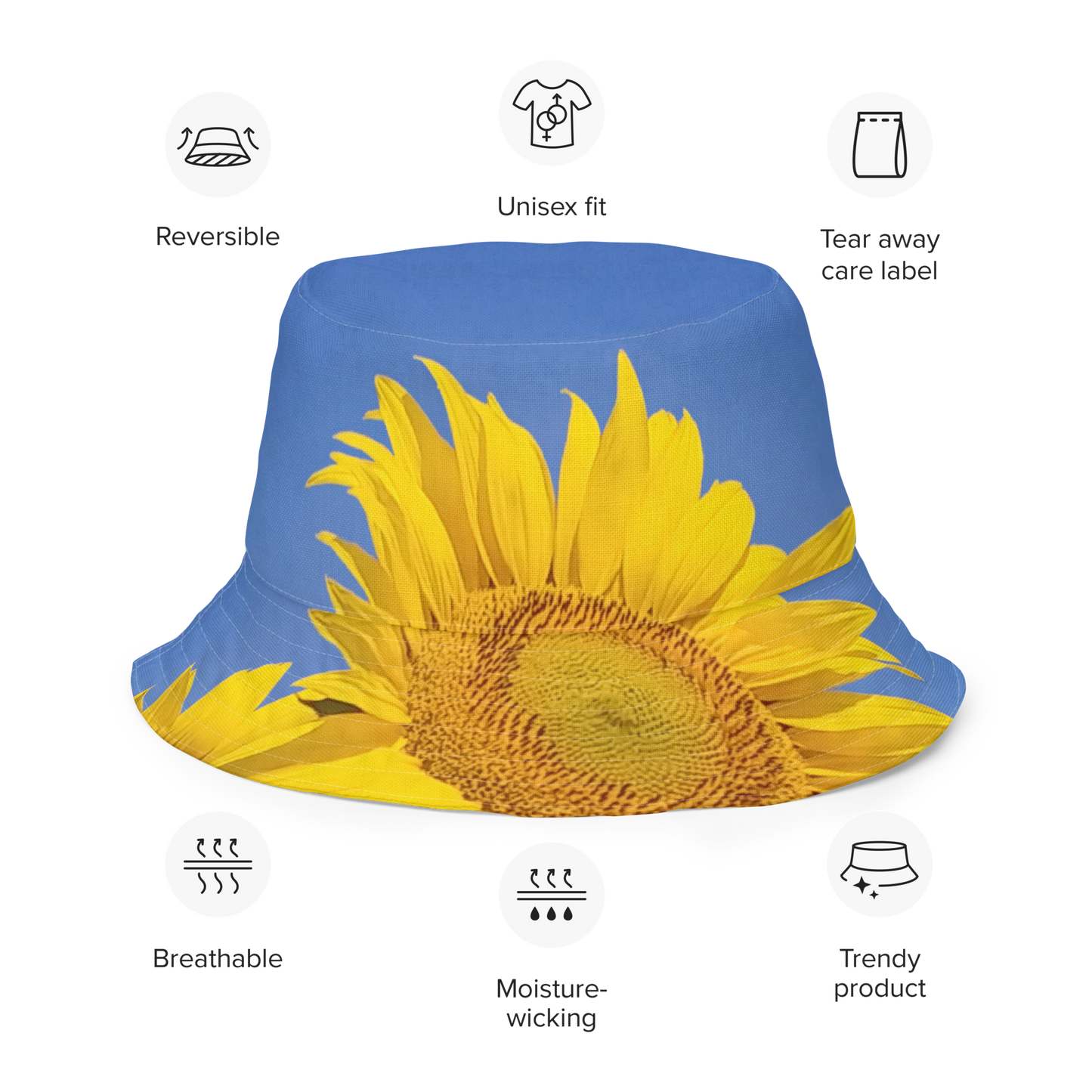 The FLOWER LOVE Collection - "Sunflower Sisters" Design Premium Reversible Bucket Hat - Blue Inside - Beach Hat, Gifts for Her