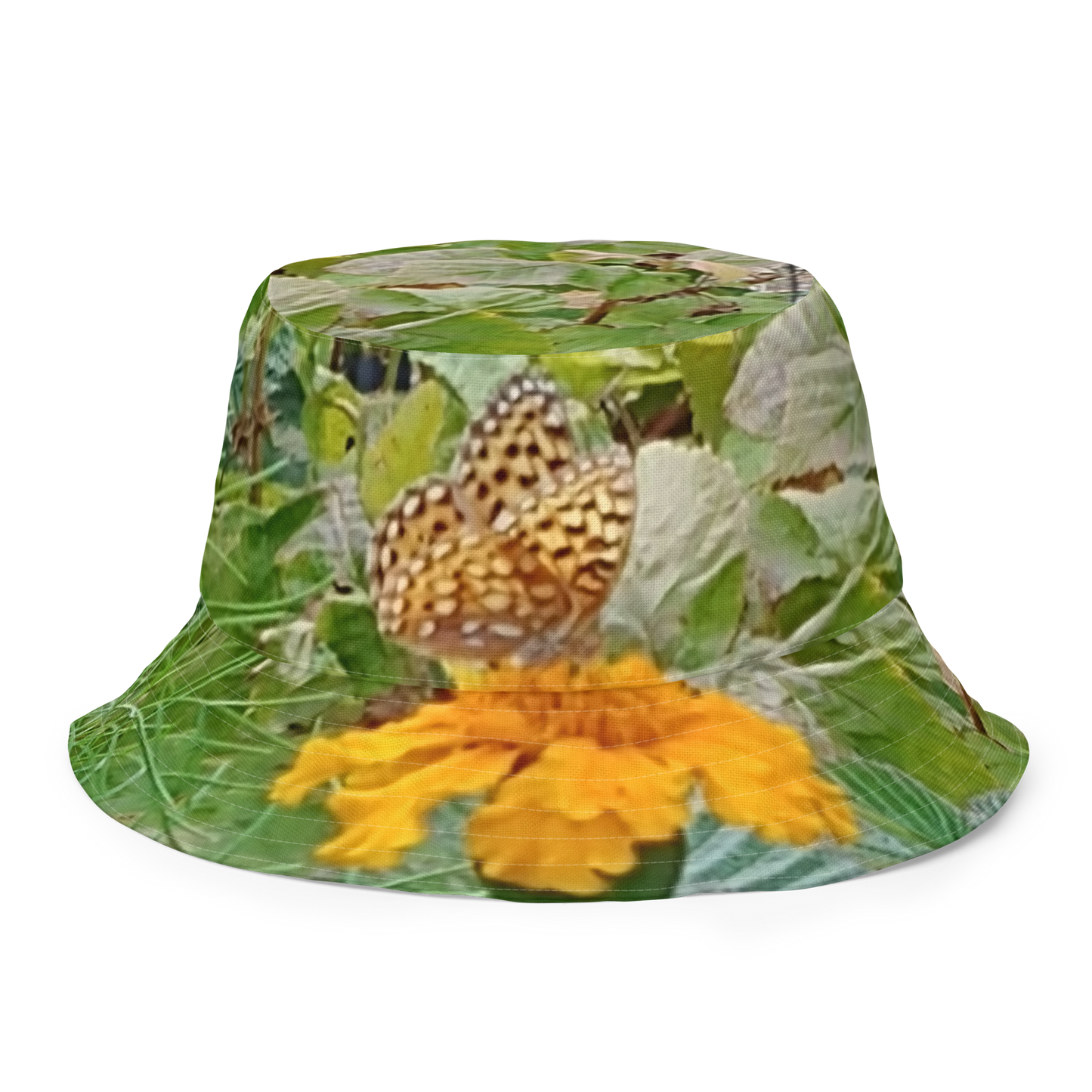 The FLOWER LOVE Collection - "Butterfly on a Bloom" Design Premium Reversible Bucket Hat - Green Inside - Beach Hat, Gifts for Her