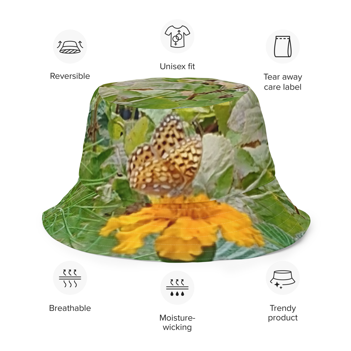 The FLOWER LOVE Collection - "Butterfly on a Bloom" Design Premium Reversible Bucket Hat - Green Inside - Beach Hat, Gifts for Her