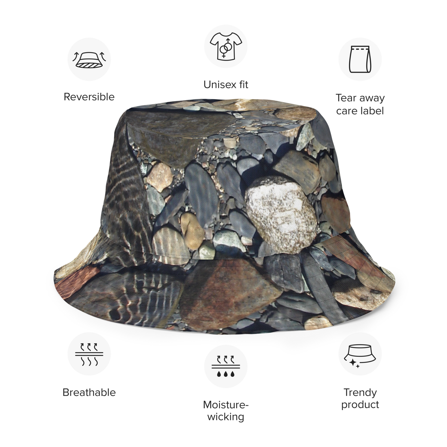 The EARTH LOVE Collection - "Rock Renaissance" Design Premium Reversible Bucket Hat - Dark Gray Inside - Beach Hat, Gifts for Her, Gifts for Him