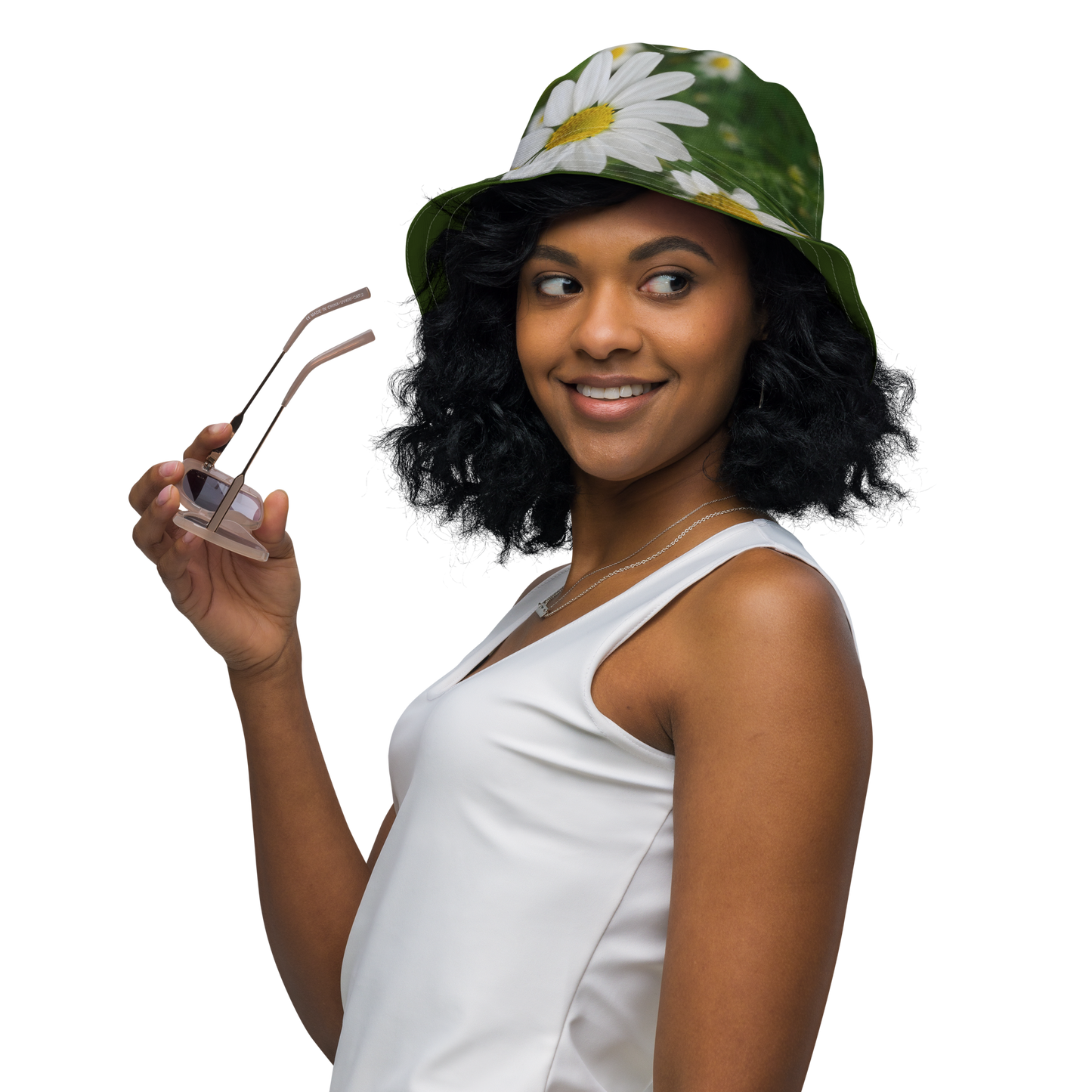 The FLOWER LOVE Collection - "Daisy Daydreams" Design Premium Reversible Bucket Hat - Dark Green Inside - Beach Hat, Gifts for Her