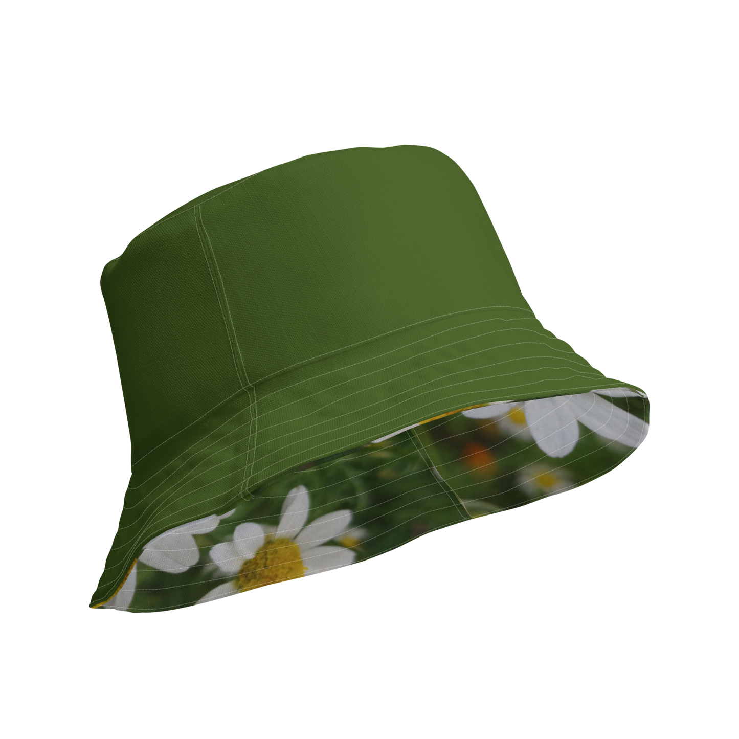 The FLOWER LOVE Collection - "Daisy Daydreams" Design Premium Reversible Bucket Hat - Dark Green Inside - Beach Hat, Gifts for Her