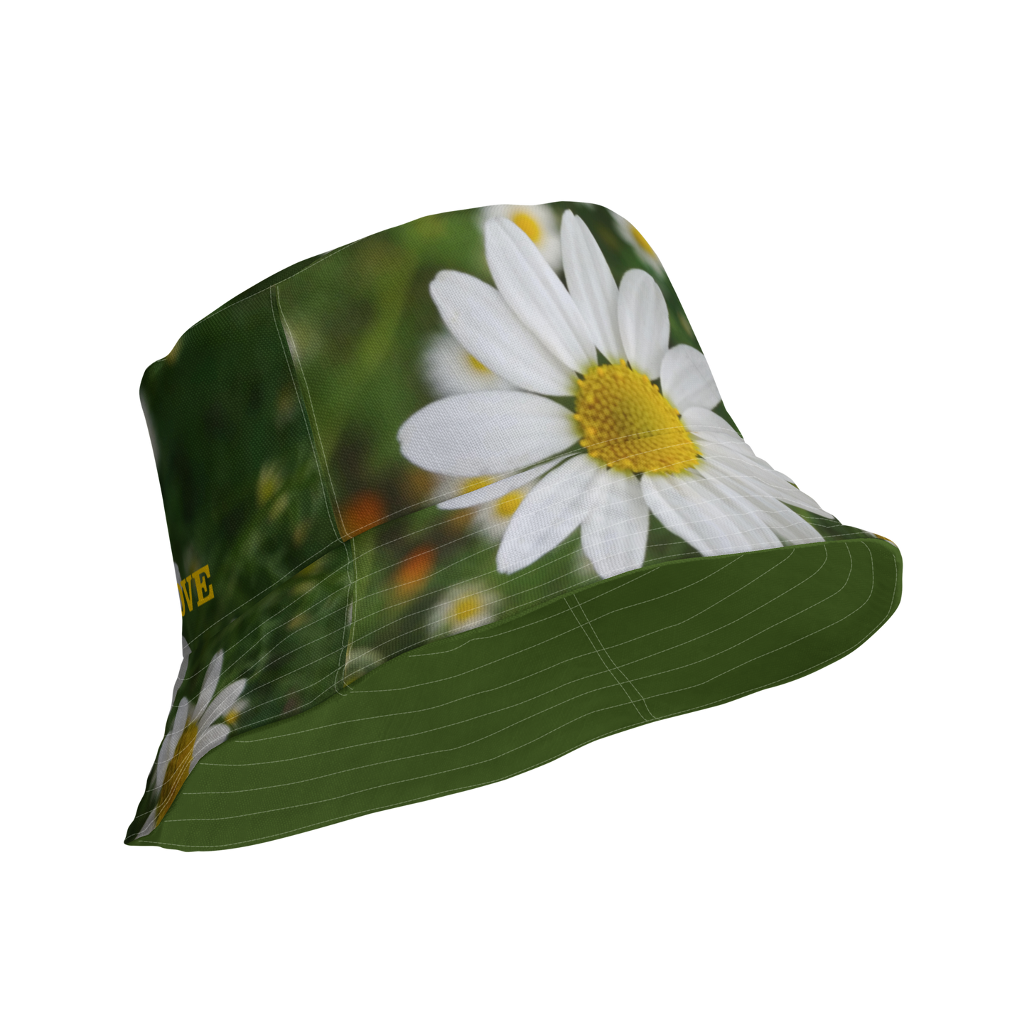 The FLOWER LOVE Collection - "Daisy Daydreams" Design Premium Reversible Bucket Hat - Dark Green Inside - Beach Hat, Gifts for Her