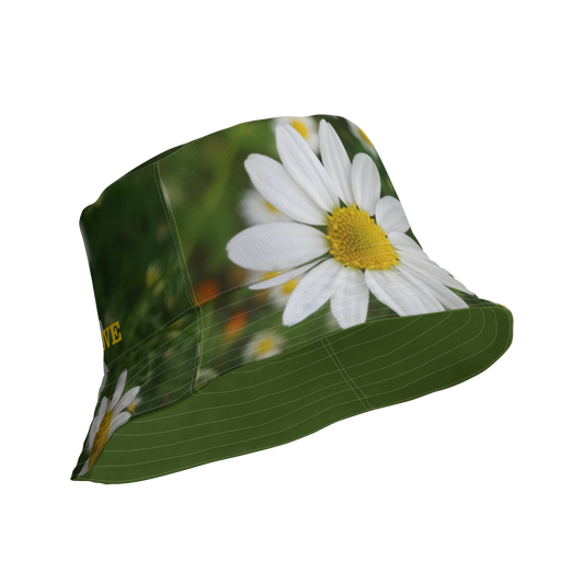 The FLOWER LOVE Collection - "Daisy Daydreams" Design Premium Reversible Bucket Hat - Dark Green Inside - Beach Hat, Gifts for Her