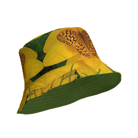 The FLOWER LOVE Collection - "Butterfly Beauty" Design Premium Reversible Bucket Hat - Dark Green Inside - Beach Hat, Gifts for Her