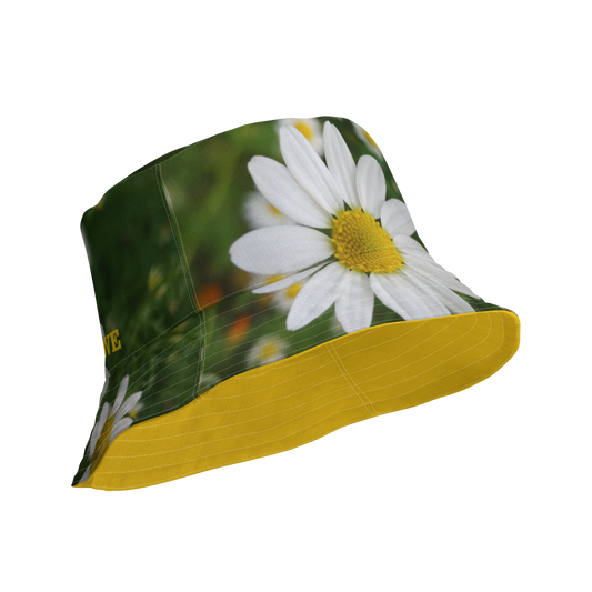 The FLOWER LOVE Collection - "Daisy Daydreams" Design Premium Reversible Bucket Hat - Yellow Inside - Beach Hat, Gifts for Her