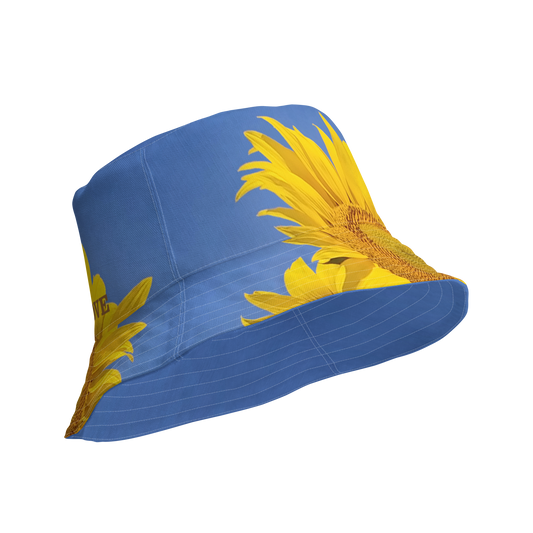 The FLOWER LOVE Collection - "Sunflower Sisters" Design Premium Reversible Bucket Hat - Blue Inside - Beach Hat, Gifts for Her