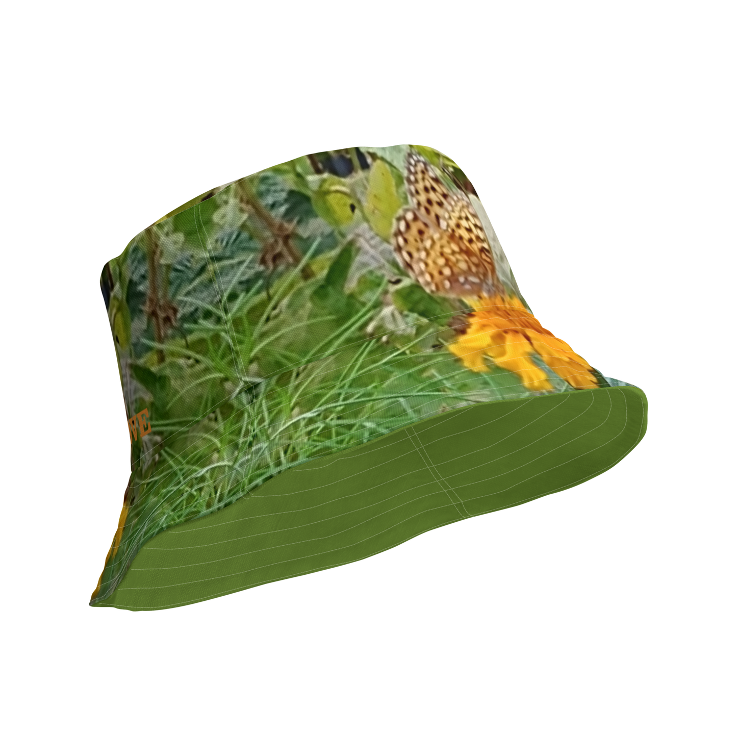 The FLOWER LOVE Collection - "Butterfly on a Bloom" Design Premium Reversible Bucket Hat - Green Inside - Beach Hat, Gifts for Her