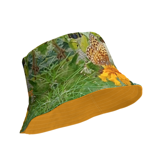 The FLOWER LOVE Collection - "Butterfly on a Bloom" Design Premium Reversible Bucket Hat - Orange Inside - Beach Hat, Gifts for Her