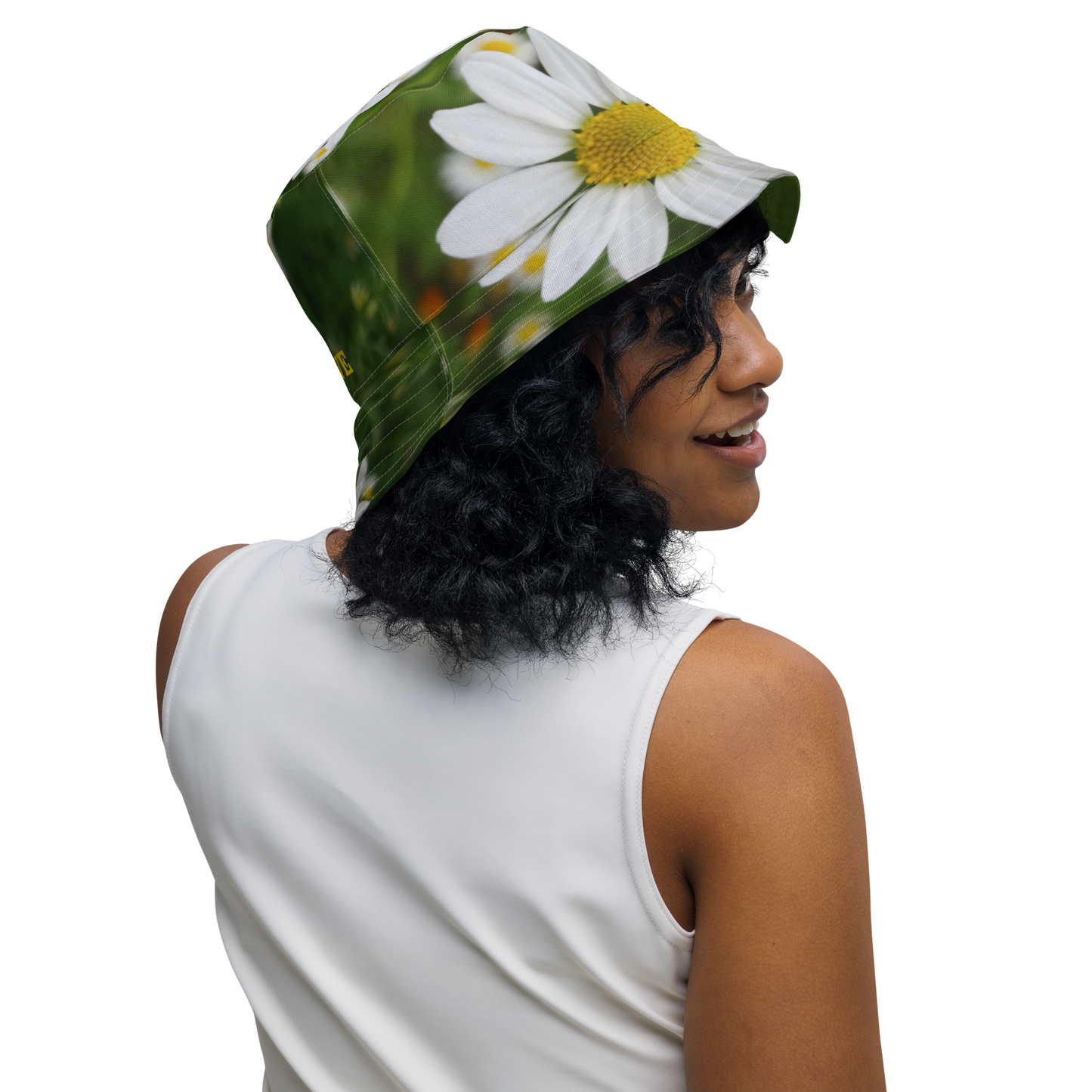 The FLOWER LOVE Collection - "Daisy Daydreams" Design Premium Reversible Bucket Hat - Dark Green Inside - Beach Hat, Gifts for Her