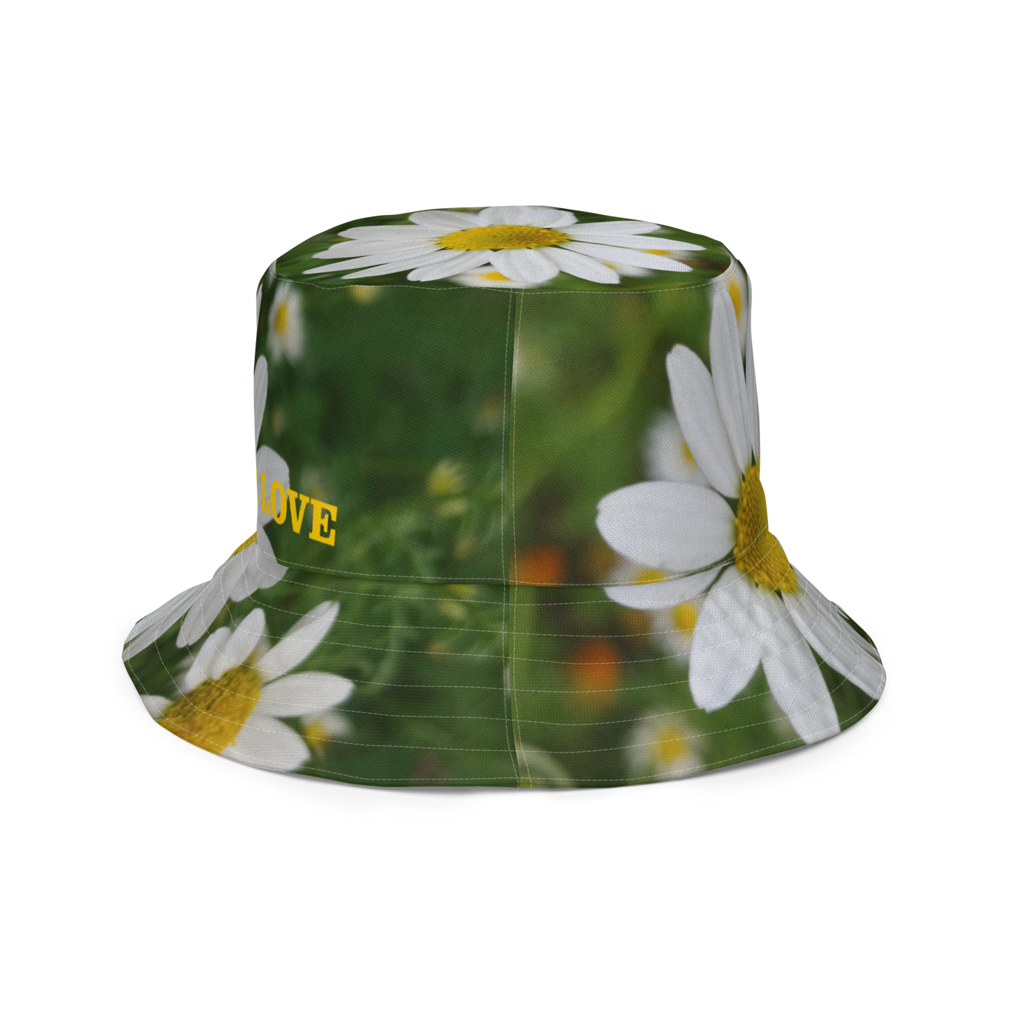 The FLOWER LOVE Collection - "Daisy Daydreams" Design Premium Reversible Bucket Hat - Dark Green Inside - Beach Hat, Gifts for Her