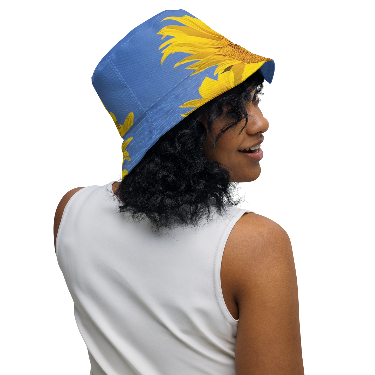 The FLOWER LOVE Collection - "Sunflower Sisters" Design Premium Reversible Bucket Hat - Blue Inside - Beach Hat, Gifts for Her