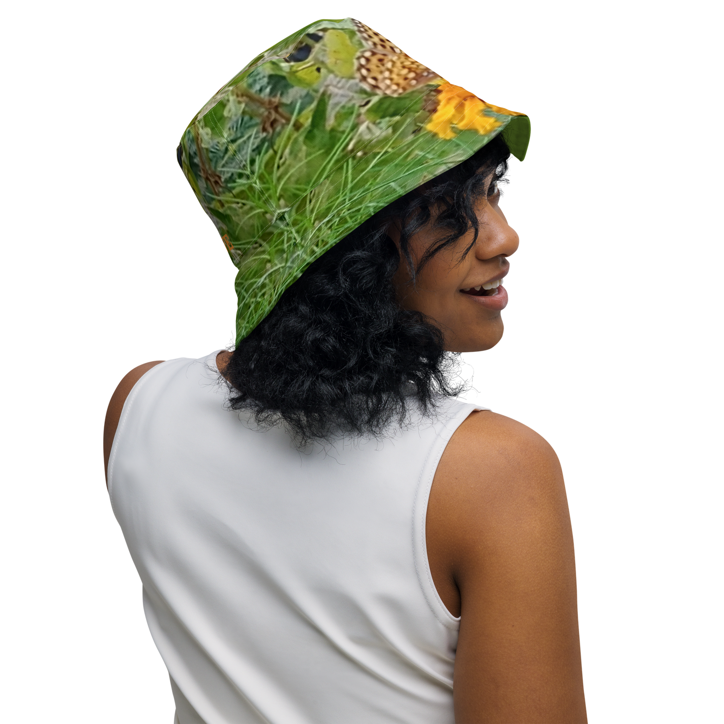 The FLOWER LOVE Collection - "Butterfly on a Bloom" Design Premium Reversible Bucket Hat - Green Inside - Beach Hat, Gifts for Her