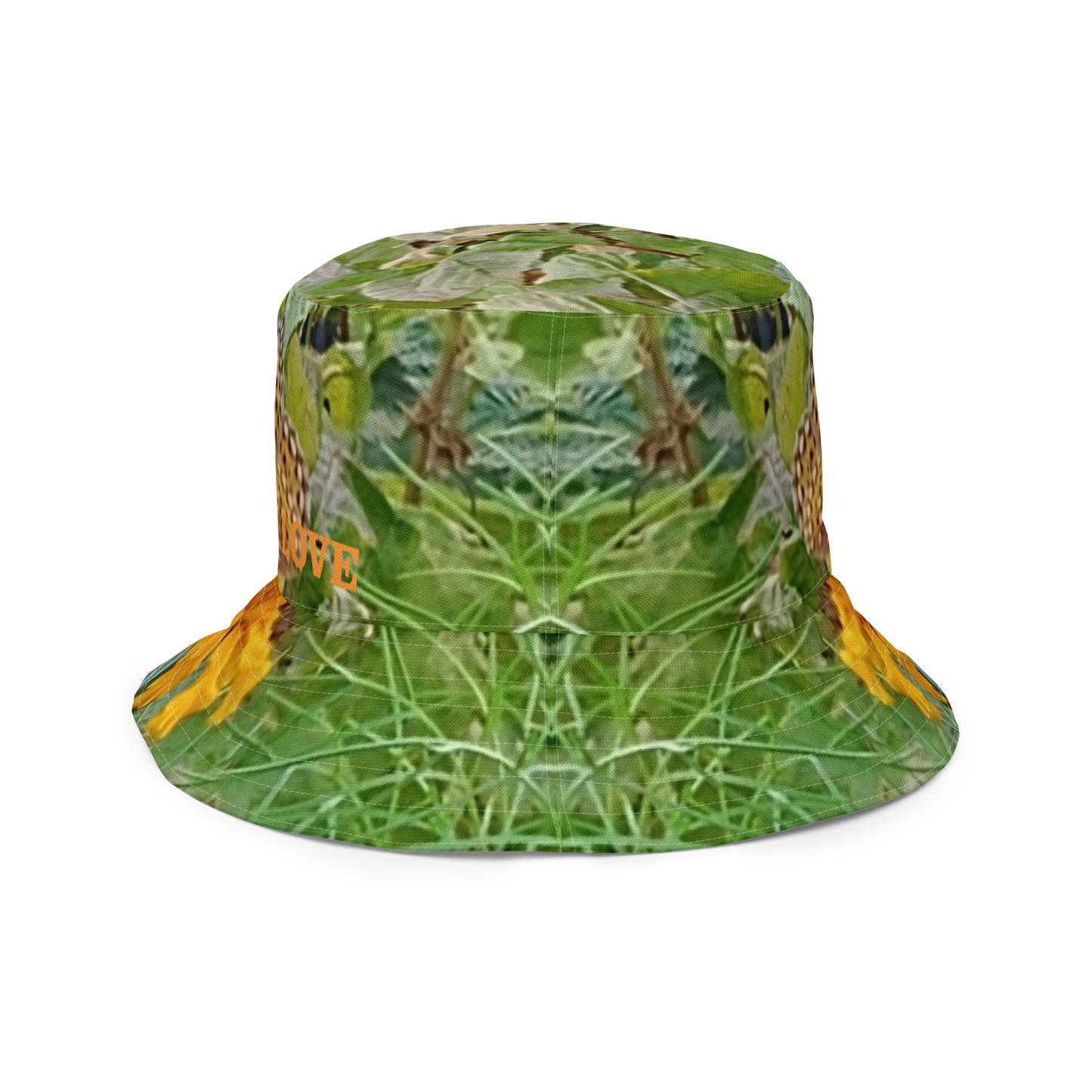 The FLOWER LOVE Collection - "Butterfly on a Bloom" Design Premium Reversible Bucket Hat - Green Inside - Beach Hat, Gifts for Her