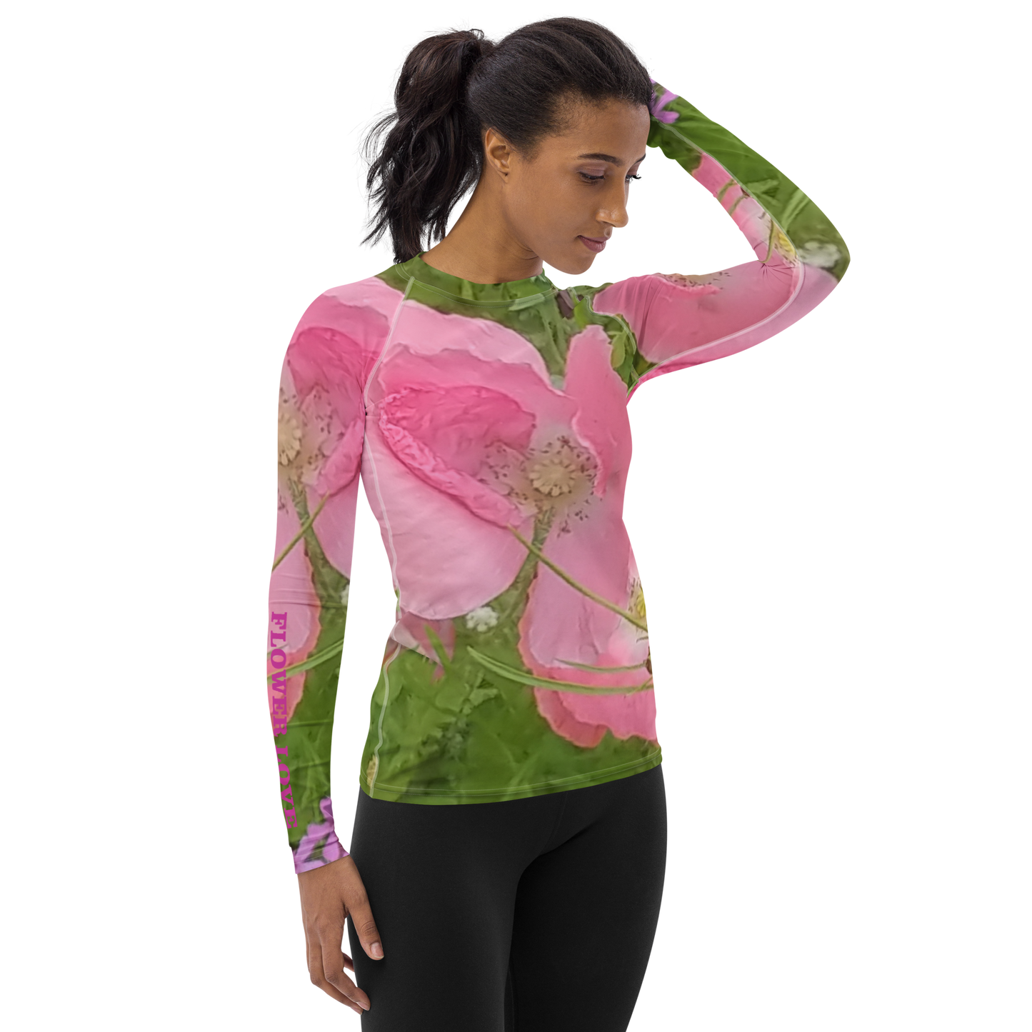 The FLOWER LOVE Collection - "Pretty Pink Poppies" Design Luxurious Women's Rash Guard, Sun Protective Clothing, Sports & Fitness Clothing