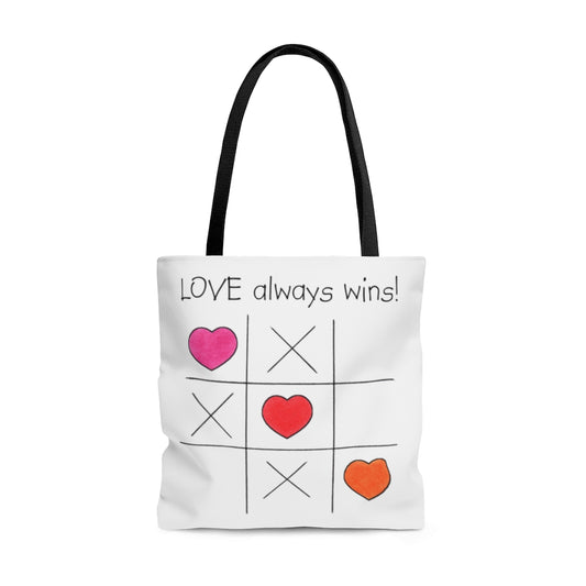 LOVE Always Wins! Tic Tac Toe Tote Bag - Available in 3 Sizes, Inspirational Tote Bags, Gifs for Kids Teens Adults, Chemo Bags