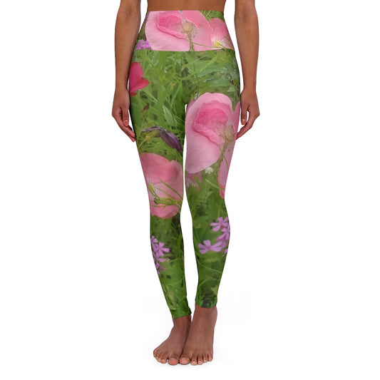 The FLOWER LOVE Collection - "Pretty Pink Poppies" Design High-Waisted Yoga Leggings, Fitness Leggings, Nature-Inspired Leggings