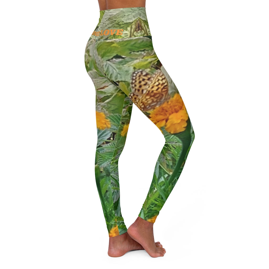 The FLOWER LOVE Collection - "Butterfly on a Bloom" Design High-Waisted Yoga Leggings, Fitness Leggings, Nature-Inspired Leggings, Butterfly Leggings