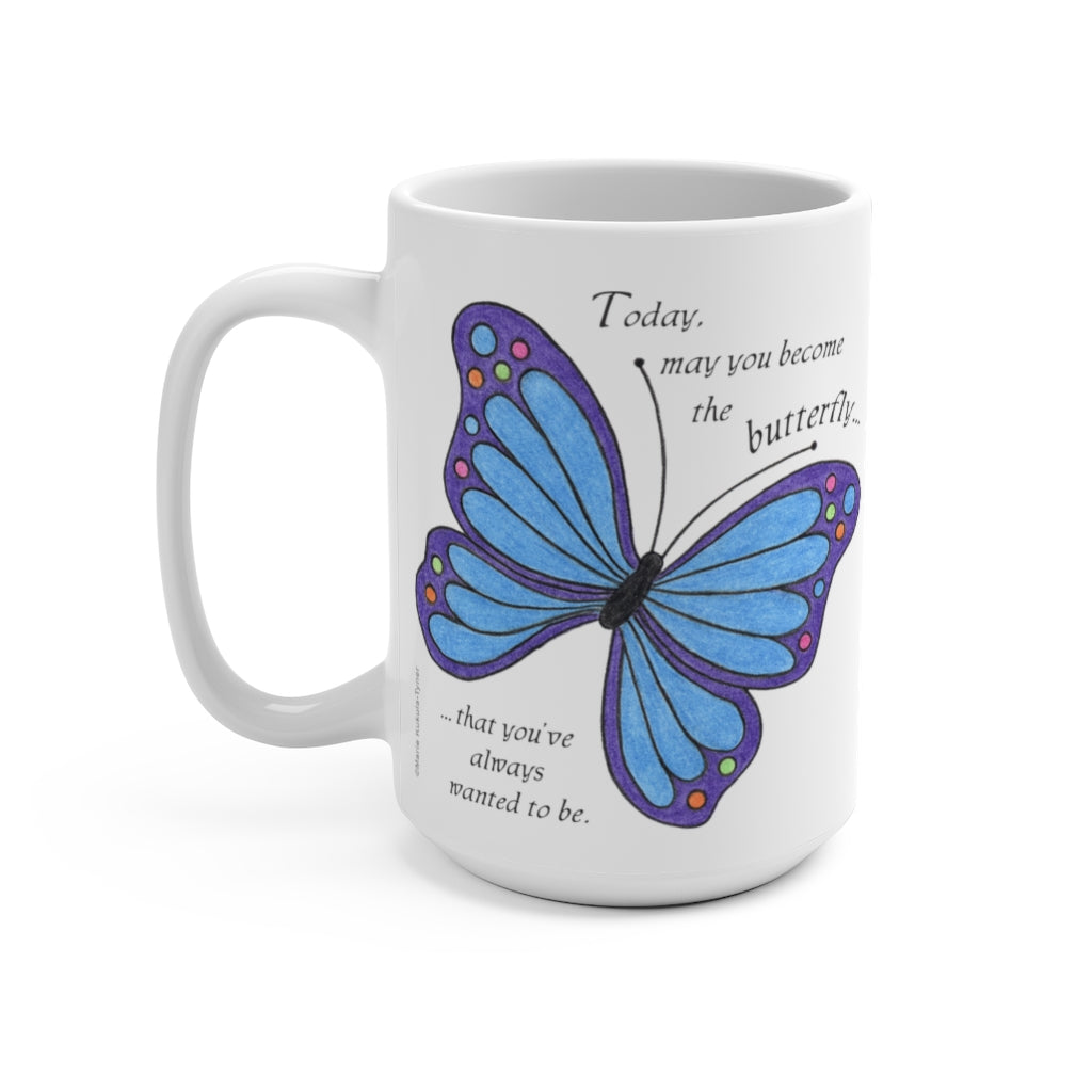 Blue Butterfly Large 15 oz. Ceramic Mug, Inspirational Mugs, Gifts for Women