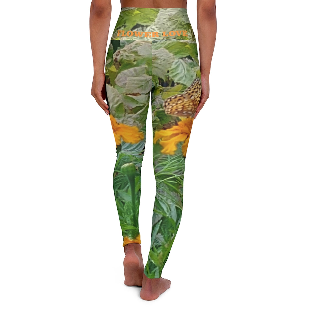 The FLOWER LOVE Collection - "Butterfly on a Bloom" Design High-Waisted Yoga Leggings, Fitness Leggings, Nature-Inspired Leggings, Butterfly Leggings