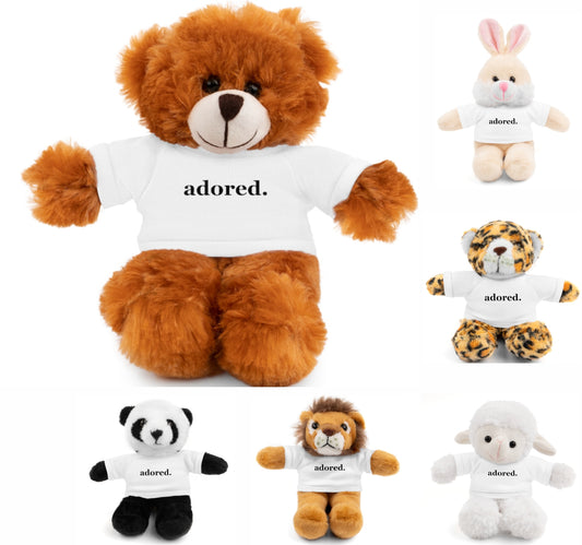 word love. - stuffed plushie animal with "adored." design tee (6 different animals to choose from)