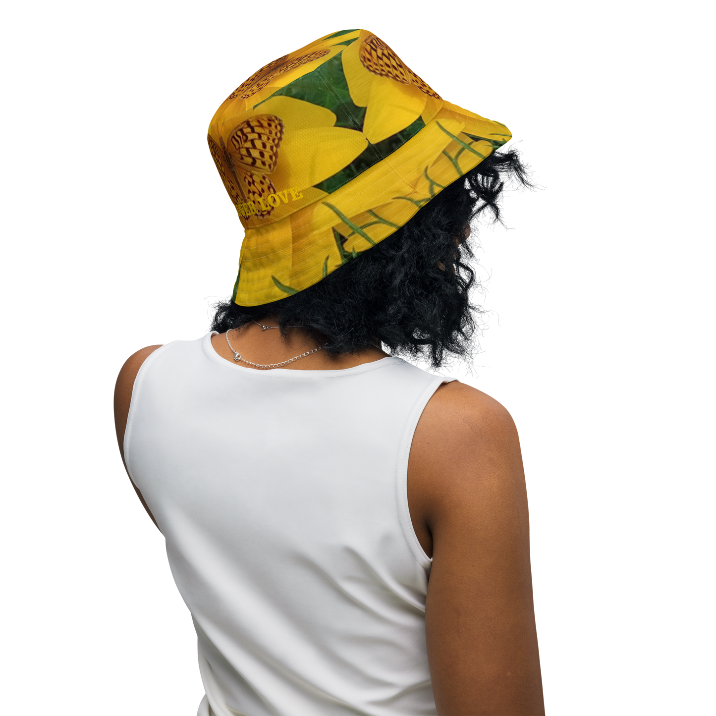 The FLOWER LOVE Collection - "Butterfly Beauty" Design Premium Reversible Bucket Hat - Yellow Inside - Beach Hat, Gifts for Her