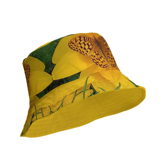 The FLOWER LOVE Collection - "Butterfly Beauty" Design Premium Reversible Bucket Hat - Yellow Inside - Beach Hat, Gifts for Her
