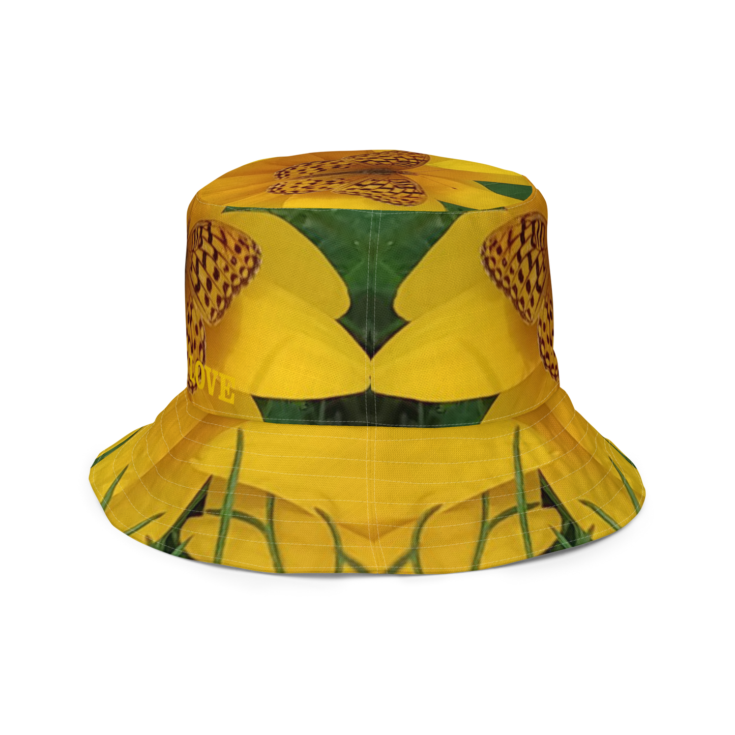The FLOWER LOVE Collection - "Butterfly Beauty" Design Premium Reversible Bucket Hat - Yellow Inside - Beach Hat, Gifts for Her