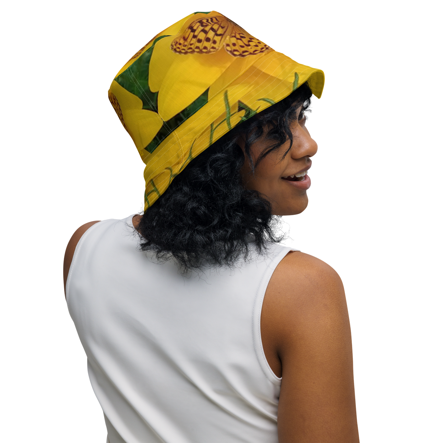 The FLOWER LOVE Collection - "Butterfly Beauty" Design Premium Reversible Bucket Hat - Yellow Inside - Beach Hat, Gifts for Her