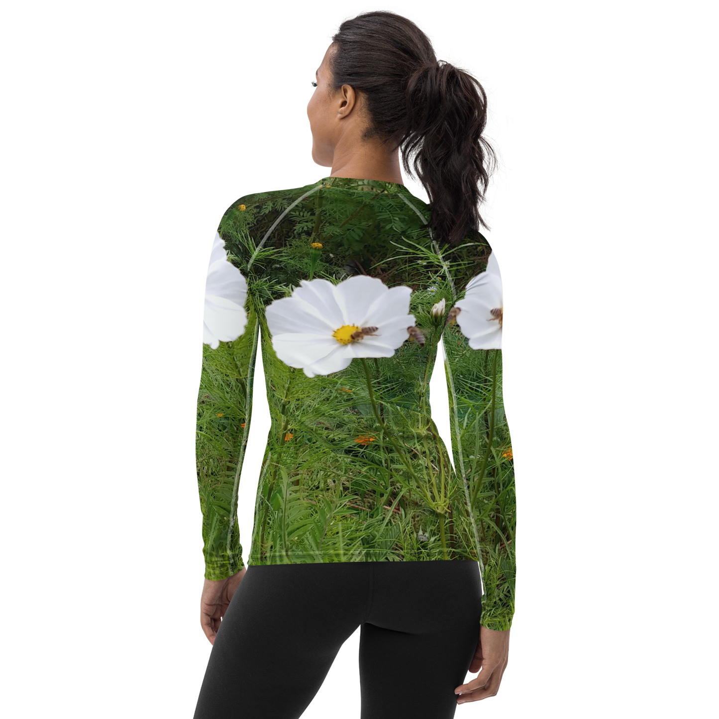 The FLOWER LOVE Collection - "Captivating Cosmos" Design Luxurious Women's Rash Guard, Sun Protective Clothing, Sports & Fitness Clothing
