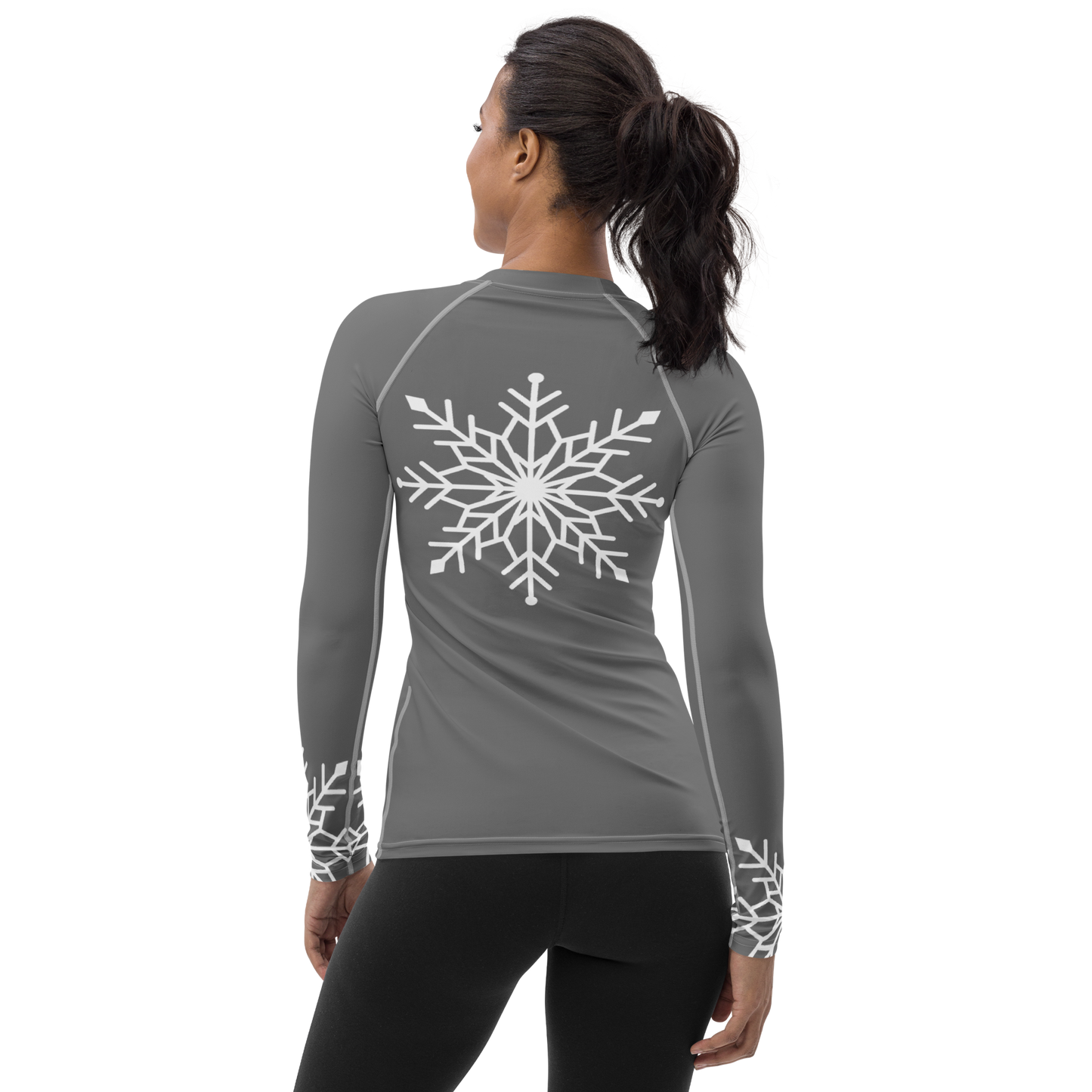 Winter Snowflake Top, White Snowflake on Graphite Gray Women's Rash Guard, Holiday Top