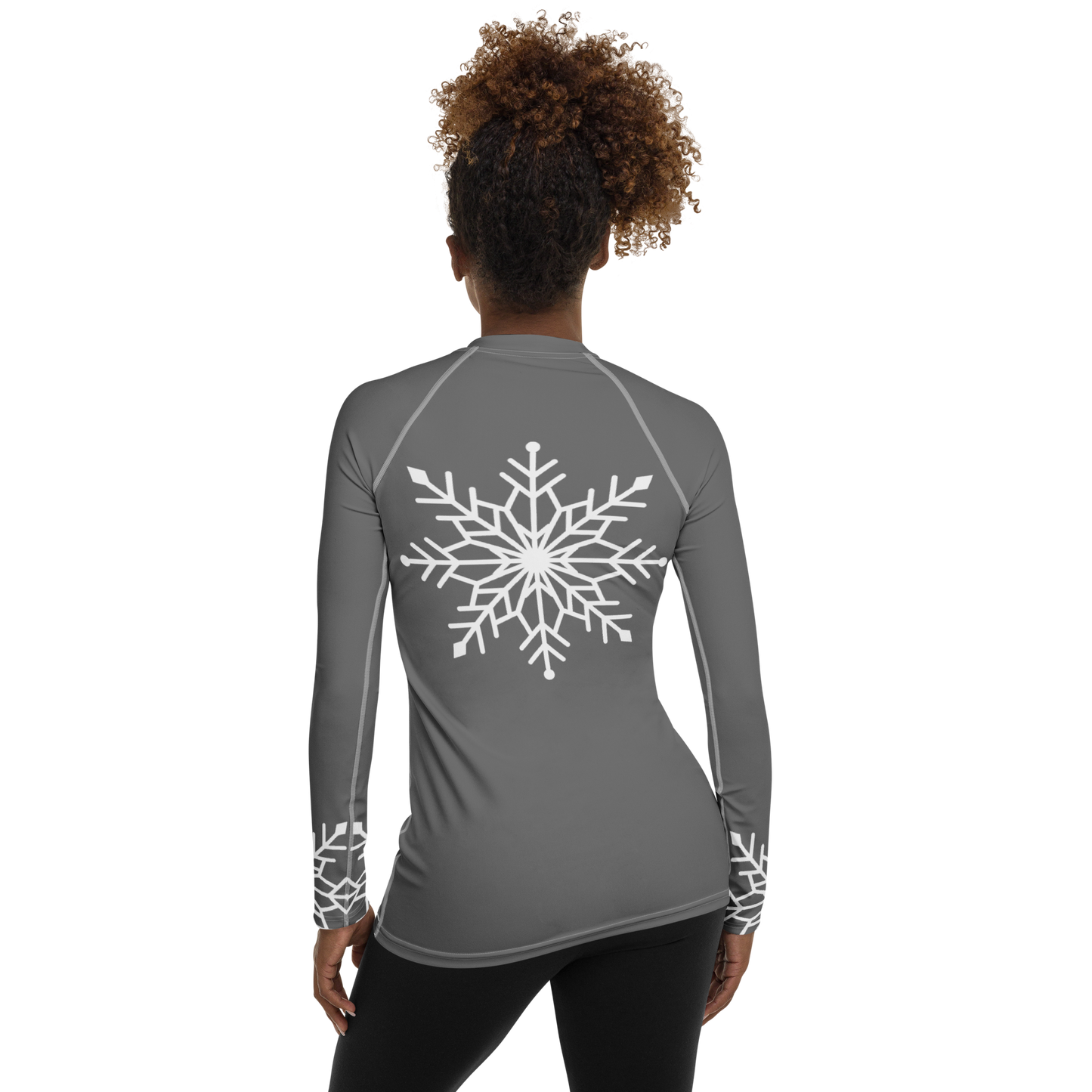 Winter Snowflake Top, White Snowflake on Graphite Gray Women's Rash Guard, Holiday Top