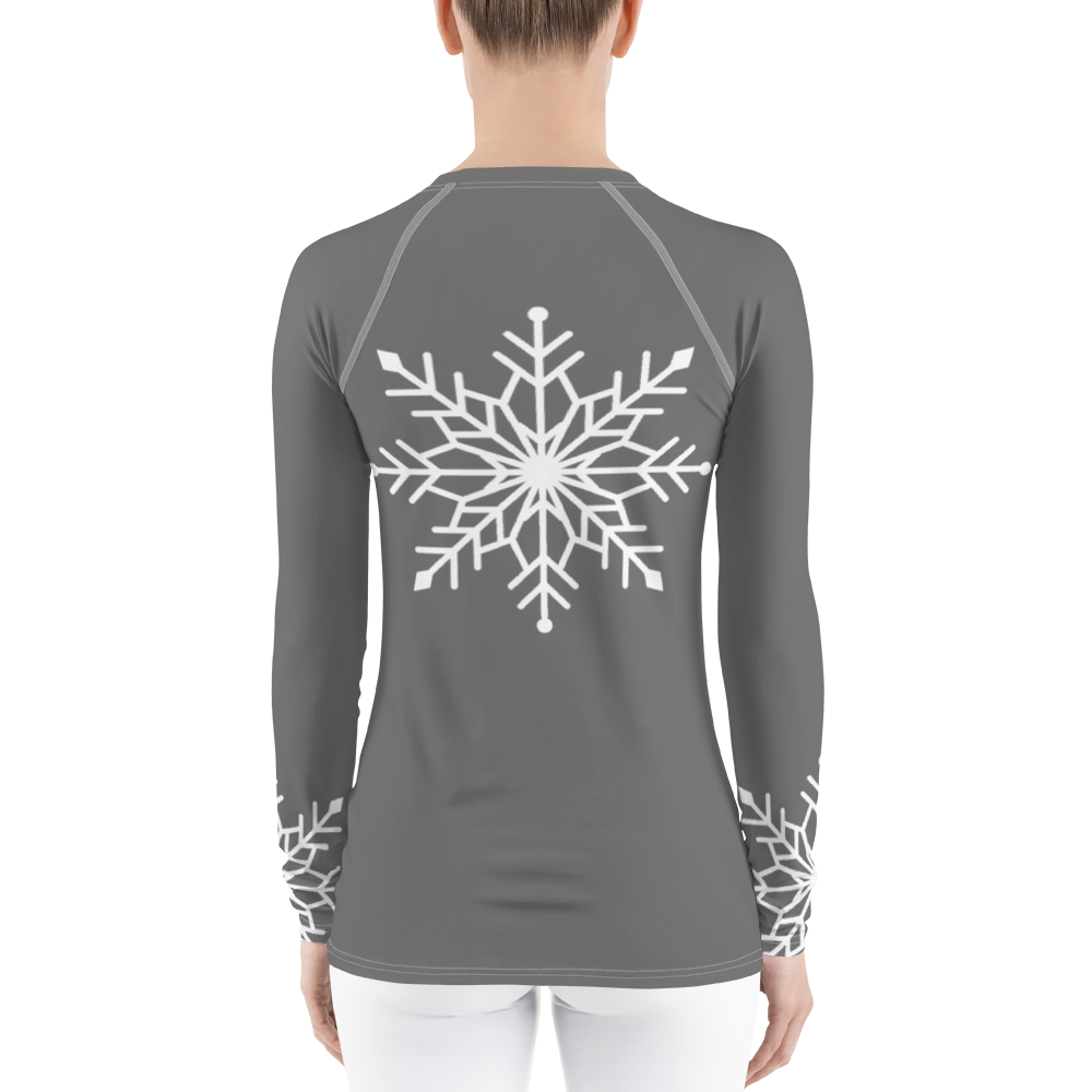 Winter Snowflake Top, White Snowflake on Graphite Gray Women's Rash Guard, Holiday Top