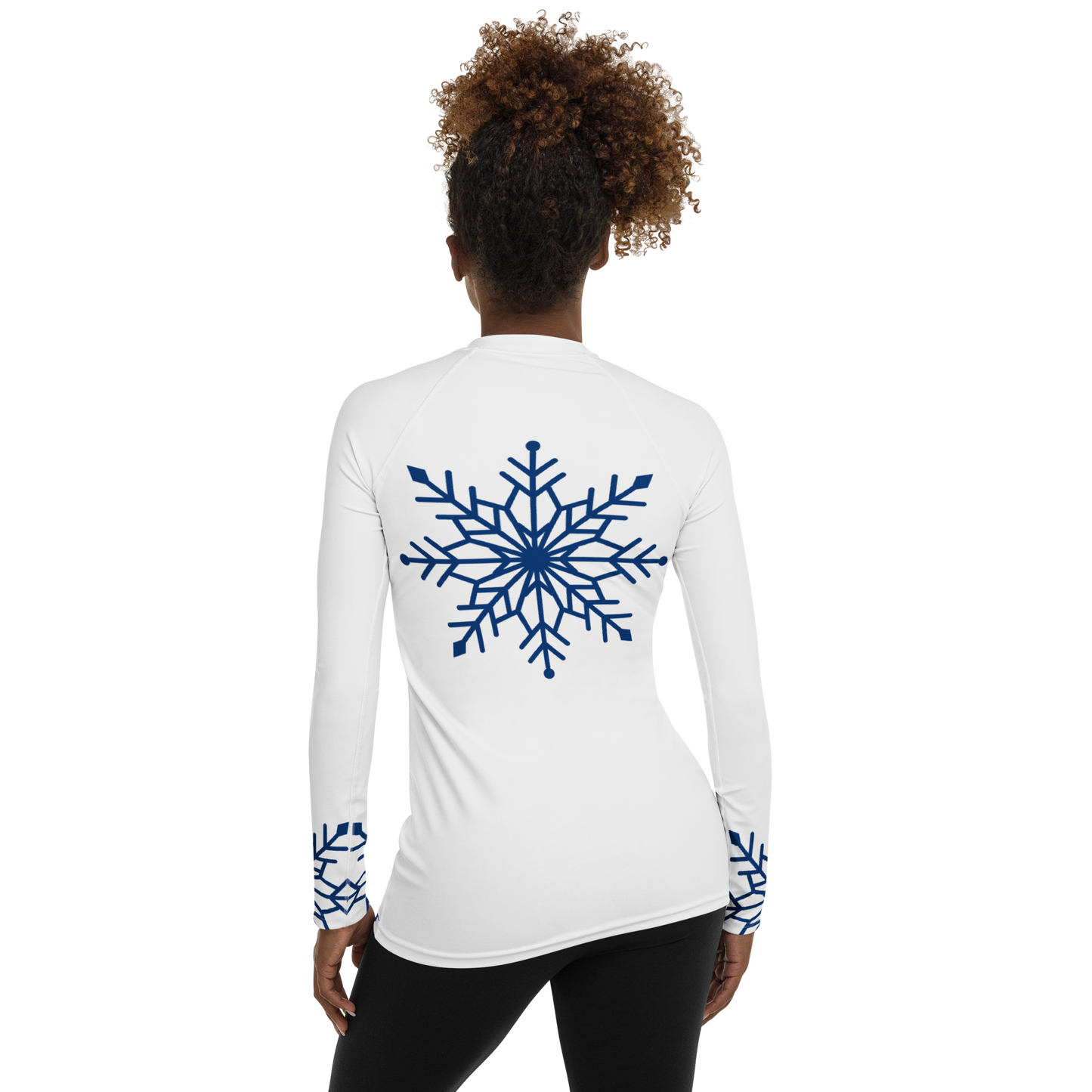 Winter Snowflake Top, Royal Blue Snowflake on White Women's Rash Guard, Holiday Top