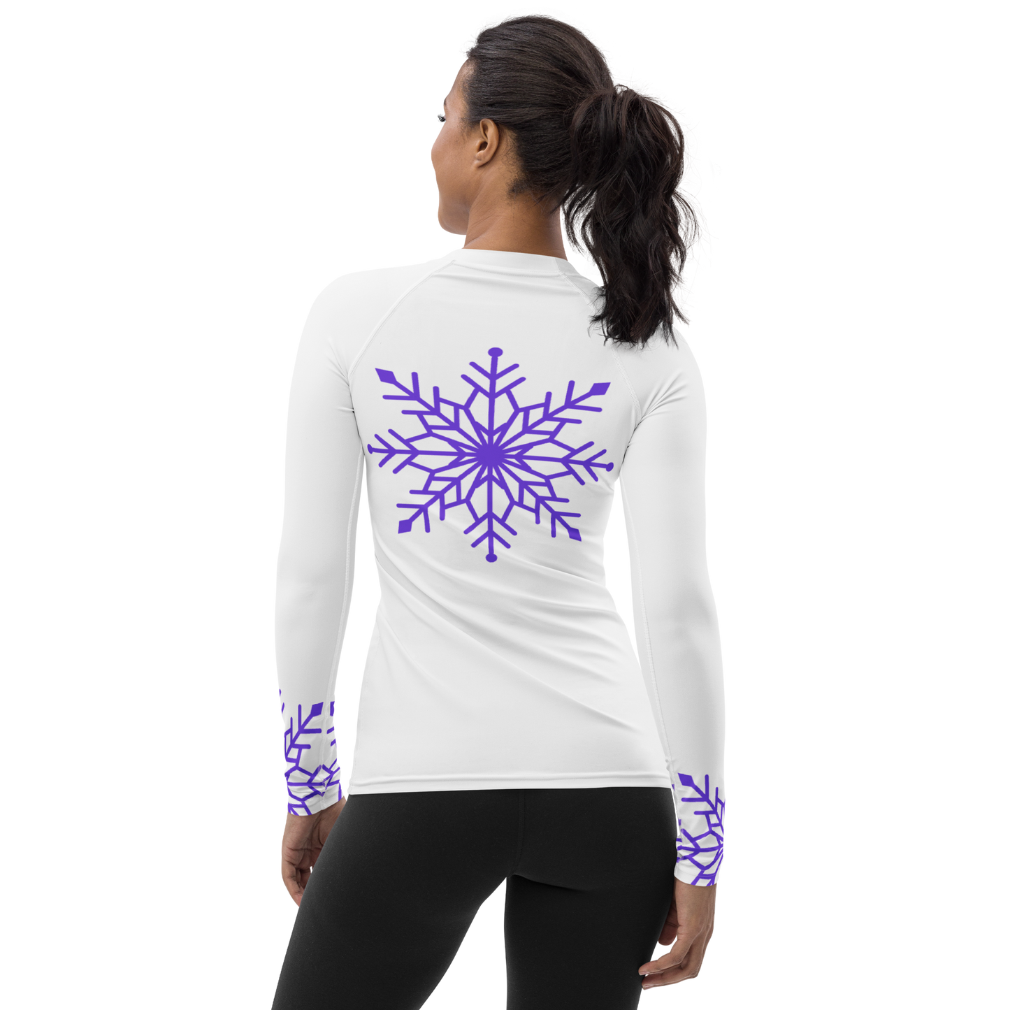 Winter Snowflake Top, Pure Purple Snowflake on White Women's Rash Guard, Holiday Top