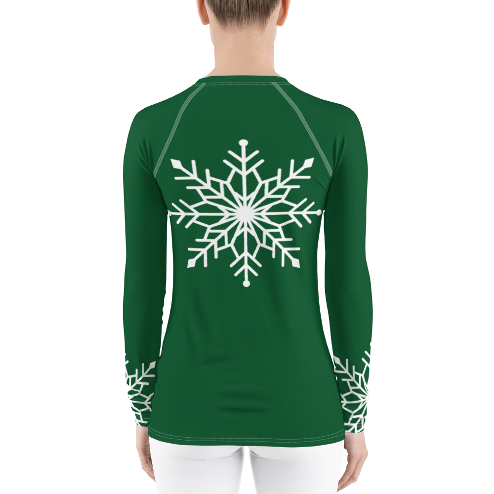 Winter Snowflake Top, White Snowflake on Forest Green Women's Rash Guard, Holiday Top