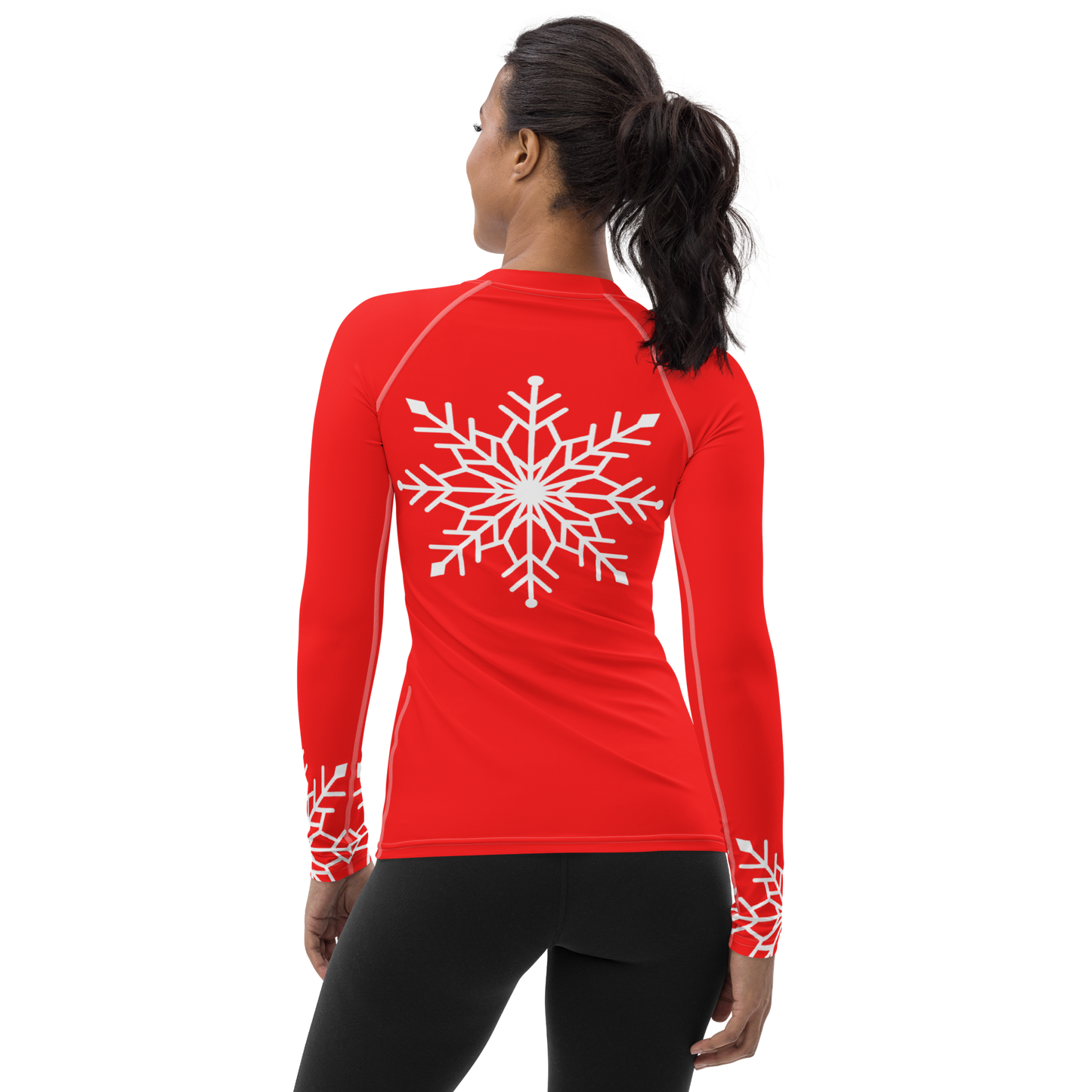 Winter Snowflake Top, White Snowflake on Bright Red Women's Rash Guard, Holiday Top