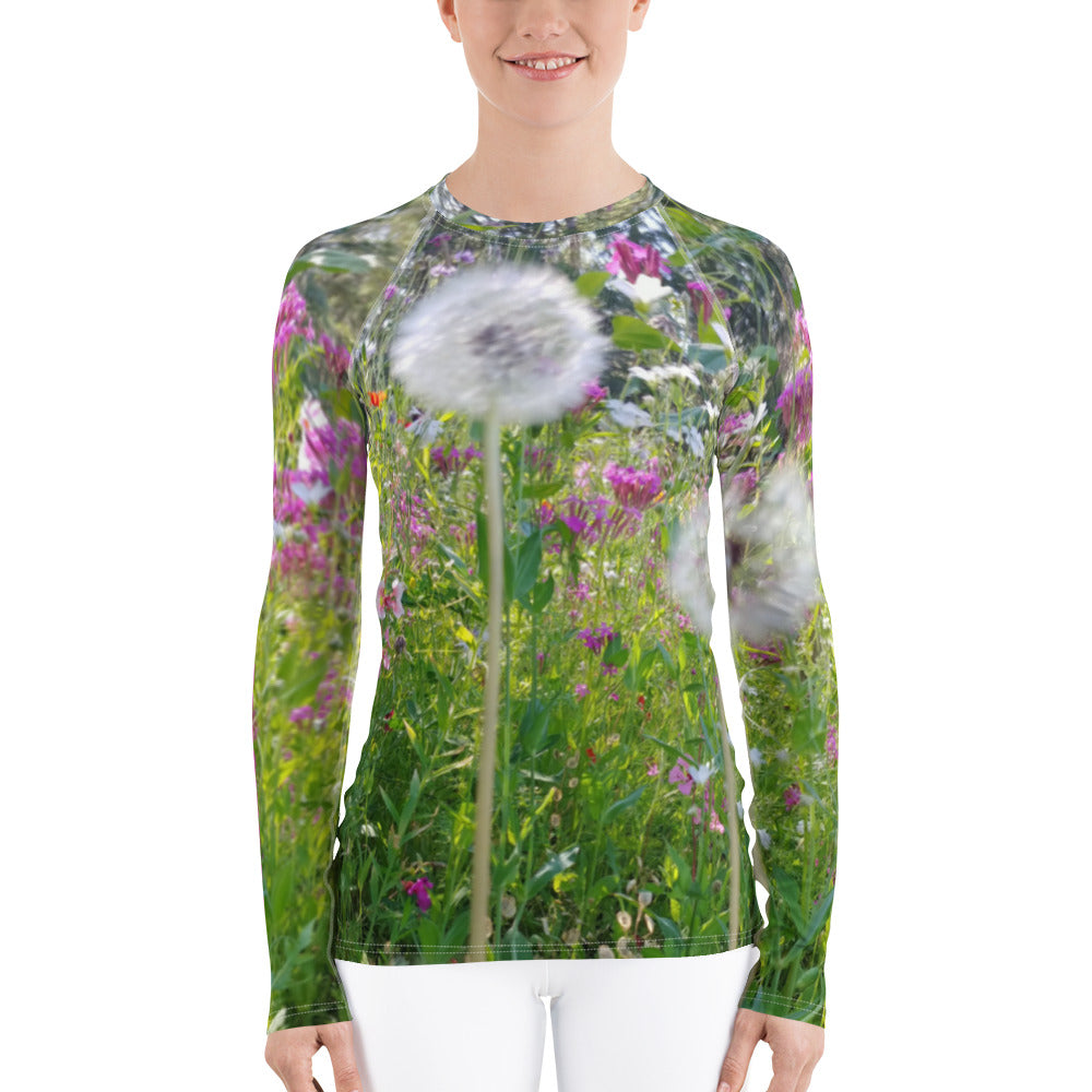 The FLOWER LOVE Collection - "Dreamy Dandelions" Design Luxurious Women's Rash Guard, Sun Protective Clothing, Sports & Fitness Clothing